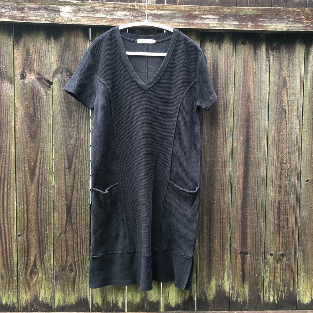 Mododoc 100% Cotton Lagenlook Midi Dress Size S Oversized Ribbed Pockets